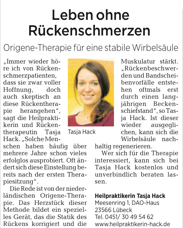 Ein Newsletter mit dem Artikel „Leben ohne Rückenschmerzen“ ziert die Presse. Darin findet sich ein Zitat von Tasja Hack, deren Foto abgebildet ist. Kontaktdaten der Heilpraktikerin Tasja Hack und ihrer Praxis in Hamburg finden Sie weiter unten.