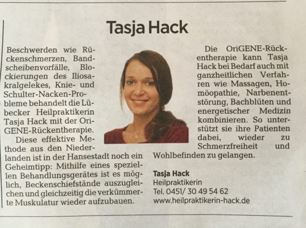 Ein Presseartikel enthält ein Porträtfoto einer Frau mit braunem Haar und beschreibt ihre Arbeit als Heilpraktikerin, die alternative medizinische Behandlungen anbietet. Er enthält auch ihre Kontaktinformationen und die URL ihrer Website für weitere Einzelheiten.