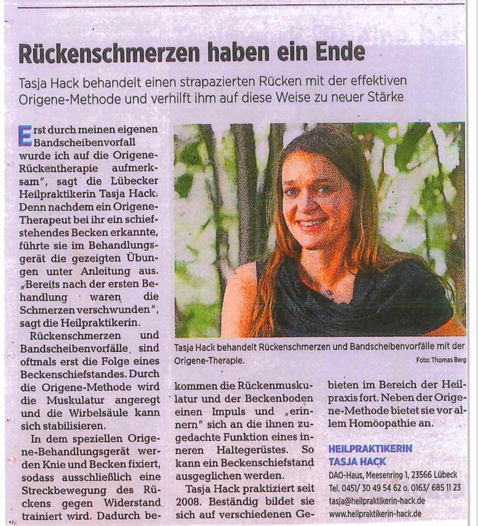 Ein Zeitungsausschnitt mit einem Artikel über Rückenschmerzen stellt eine Behandlungsmethode der Heilpraktikerin Tasja Hack bei Rückenschmerzen und Bandscheibenvorfällen vor. Rechts neben diesem Presseartikel ist ein Foto einer Frau zu sehen, darunter sind Kontaktinformationen aufgeführt.