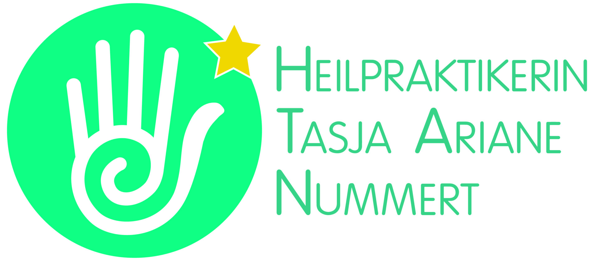 Logo mit einem grünen Kreis, auf dem eine stilisierte weiße Hand und eine Spirale abgebildet sind. Über der Hand ist ein kleiner gelber Stern. Rechts steht der Text „Heilpraktikerin Tasja Ariane Nummert“.